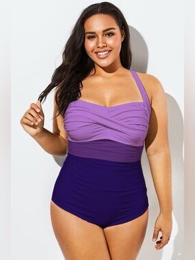 💜 Sculpting Purple Gradient One Piece Swimsuit Tummy Control 2XL